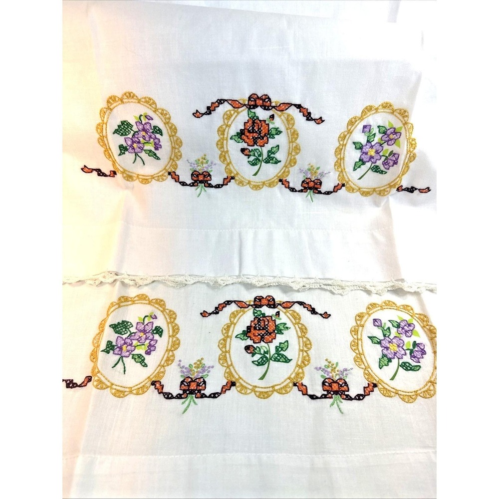 Pair Of Vintage Large 33" x20" White Pillowcases With Flower Embroidery   NWOT